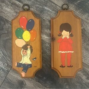 Vintage 1970 Wooden Wall Art Plaques with Children and Balloons Boy Girl Painted